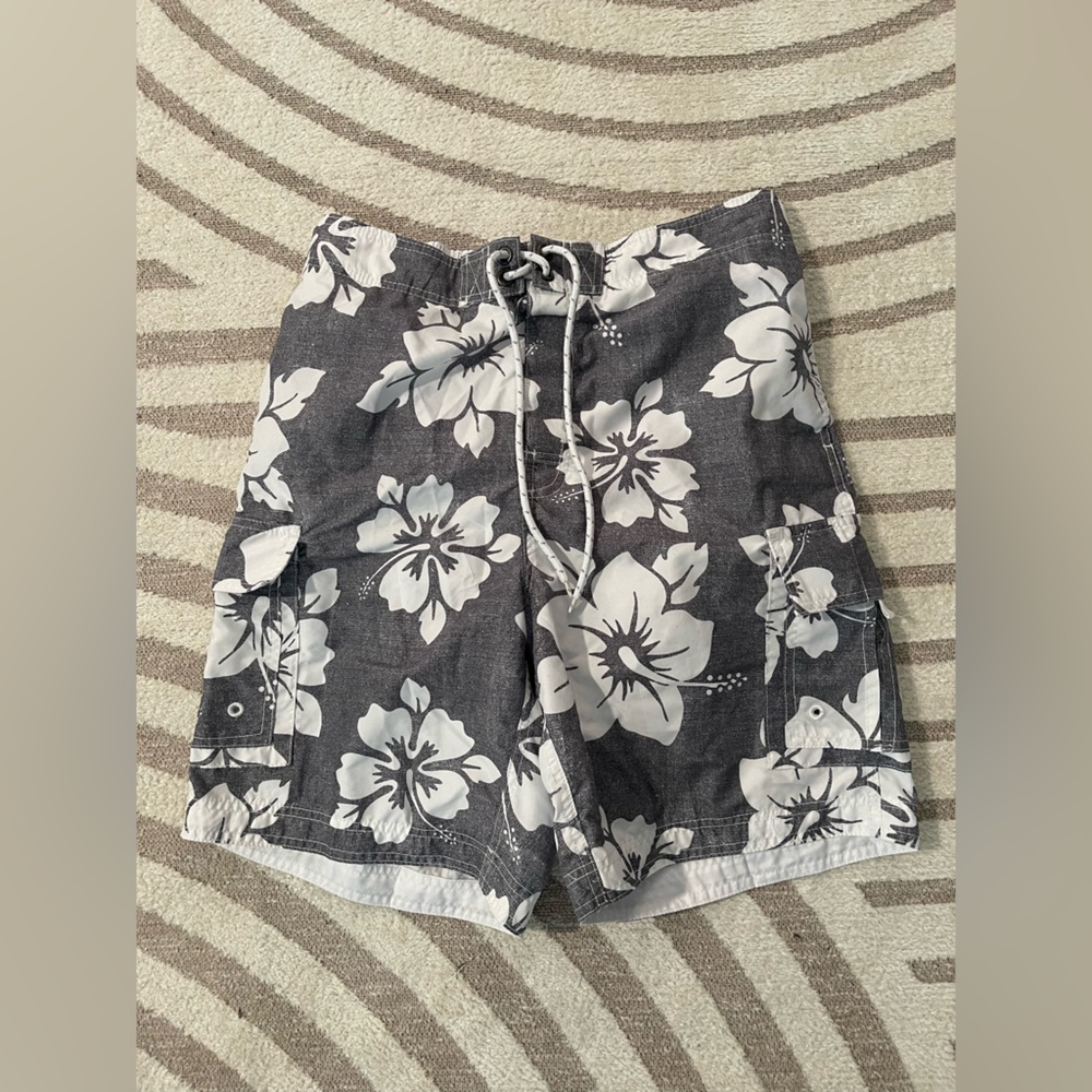 Floral Gray and White Swim Trunks